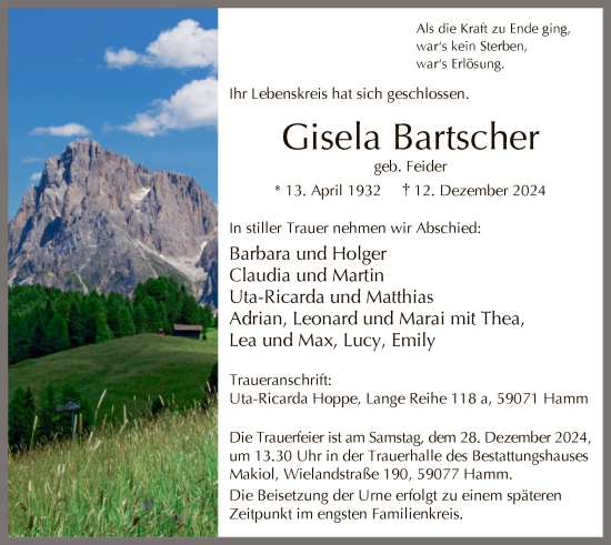 Traueranzeige von Gisela Bartscher von WA