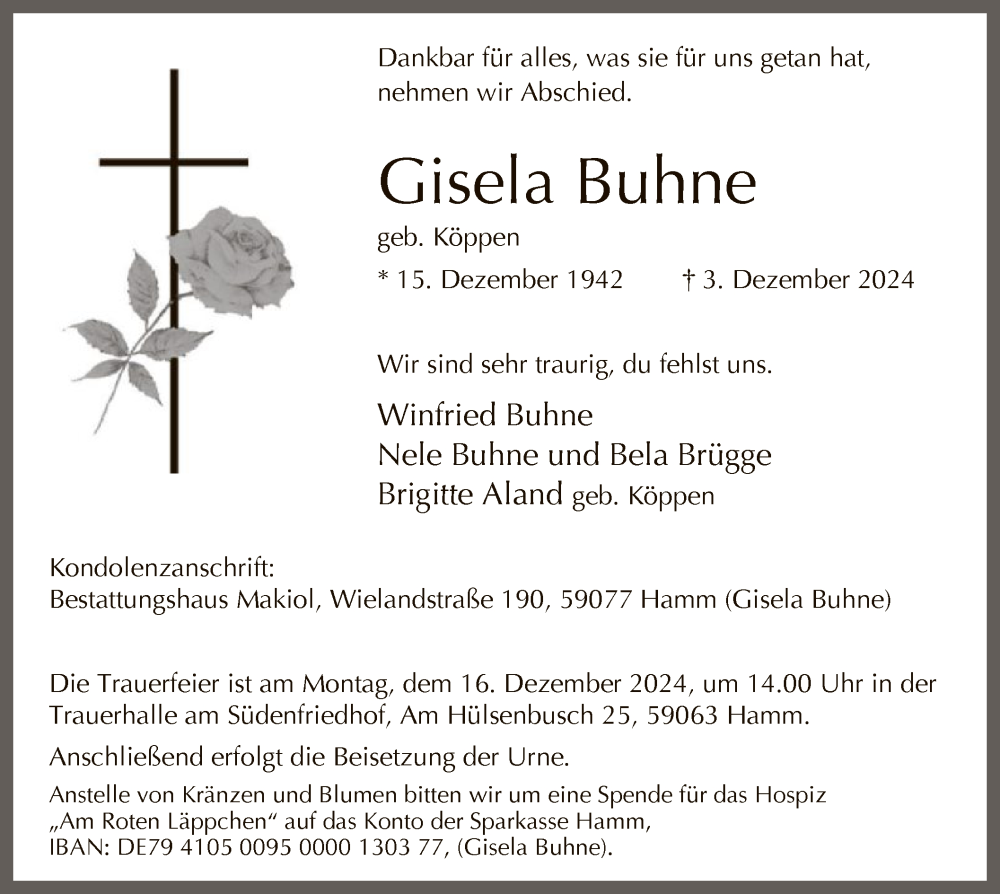  Traueranzeige für Gisela Buhne vom 11.12.2024 aus WA