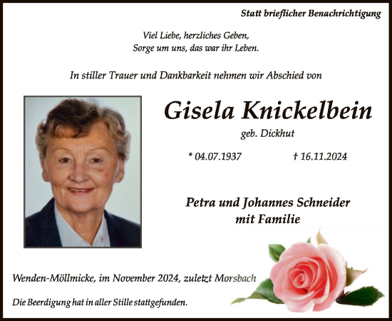 Traueranzeige von Gisela Knickelbein von WA