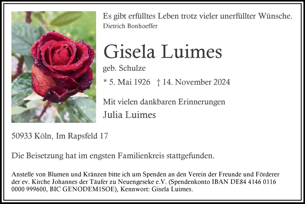  Traueranzeige für Gisela Luimes vom 14.12.2024 aus WA