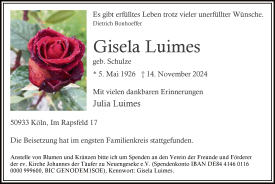 Traueranzeige von Gisela Luimes von WA