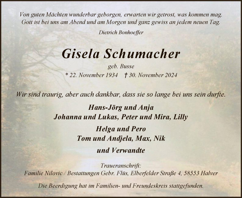  Traueranzeige für Gisela Schumacher vom 14.12.2024 aus WA