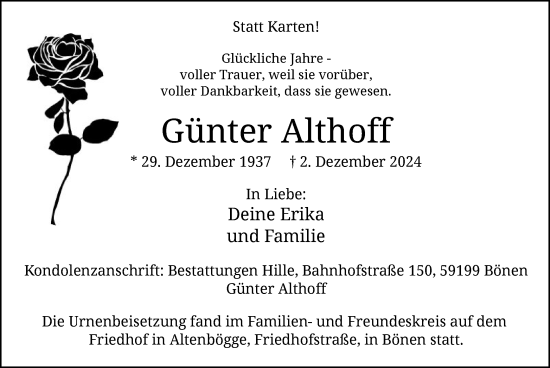 Traueranzeige von Günter Althoff von WA