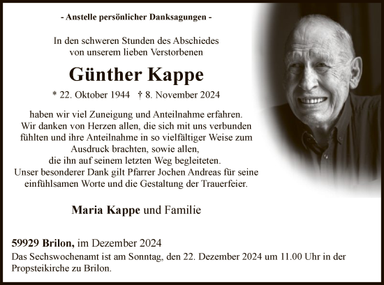 Traueranzeige von Günther Kappe von WA