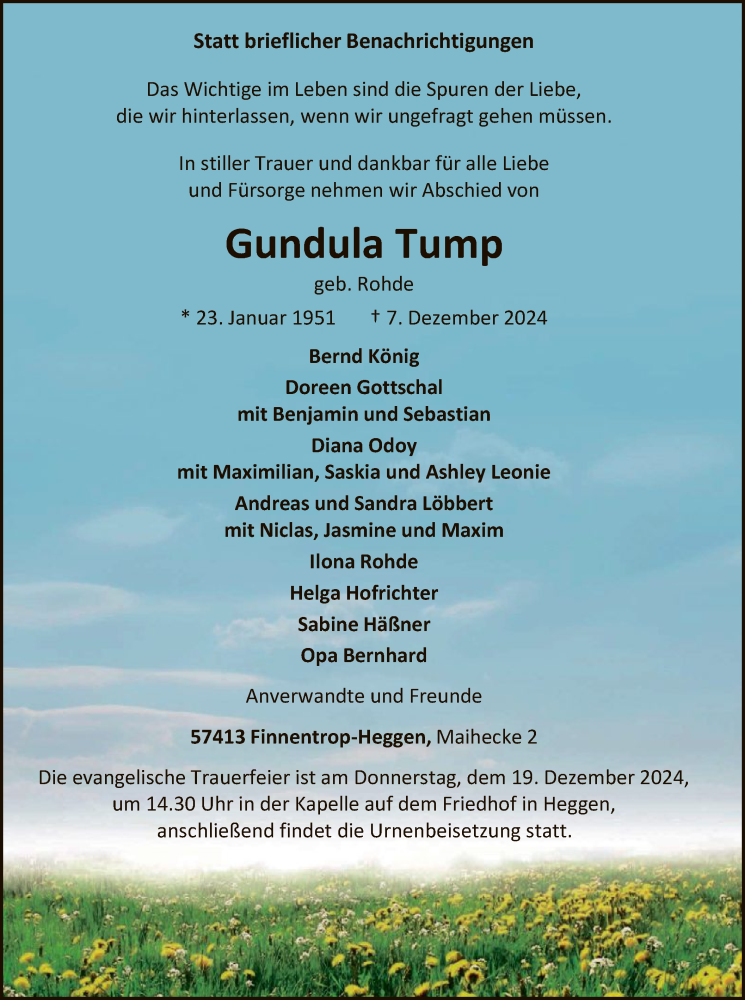  Traueranzeige für Gundula Tump vom 14.12.2024 aus WA