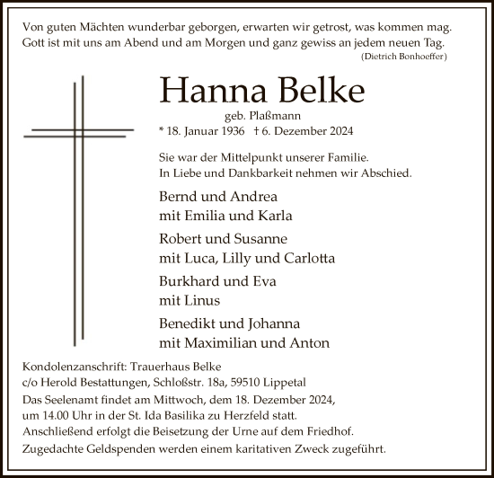 Traueranzeige von Hanna Belke von WA