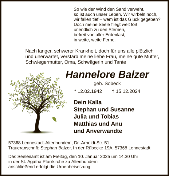 Traueranzeige von Hannelore Balzer von WA