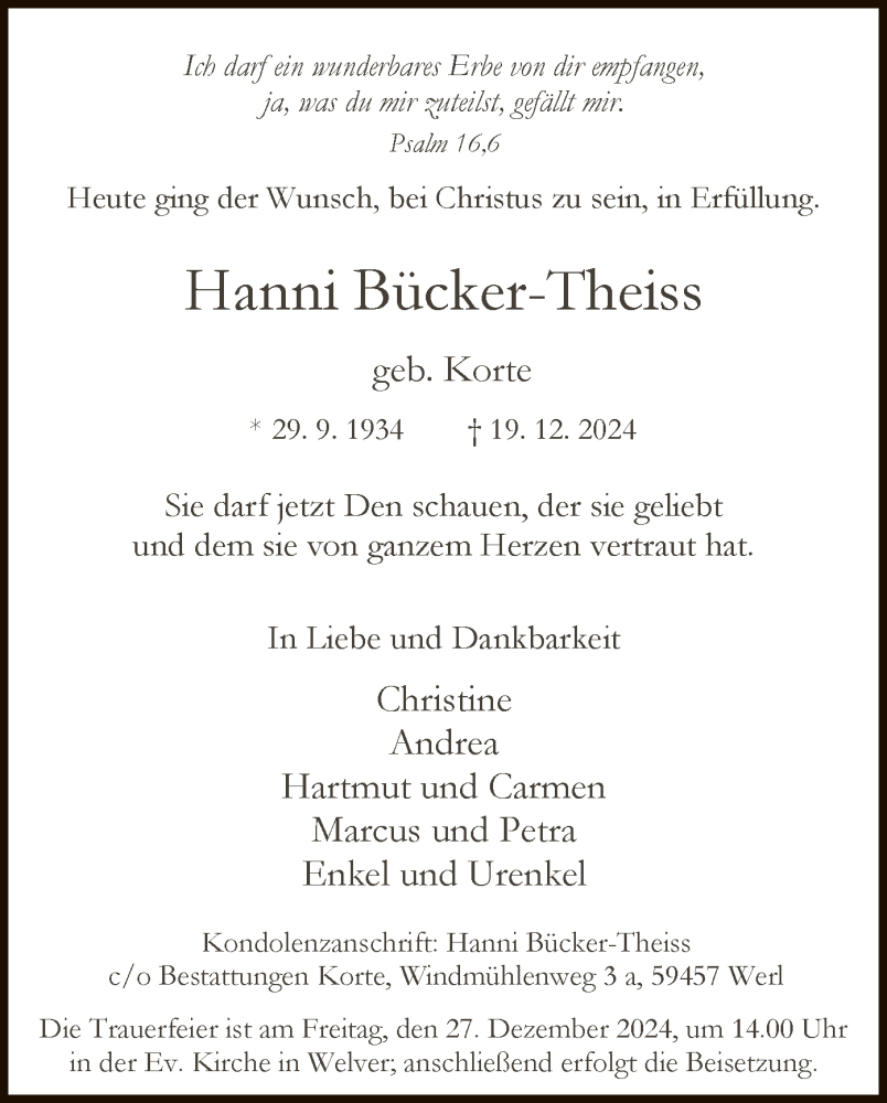  Traueranzeige für Hanni Bücker-Theiss vom 24.12.2024 aus WA