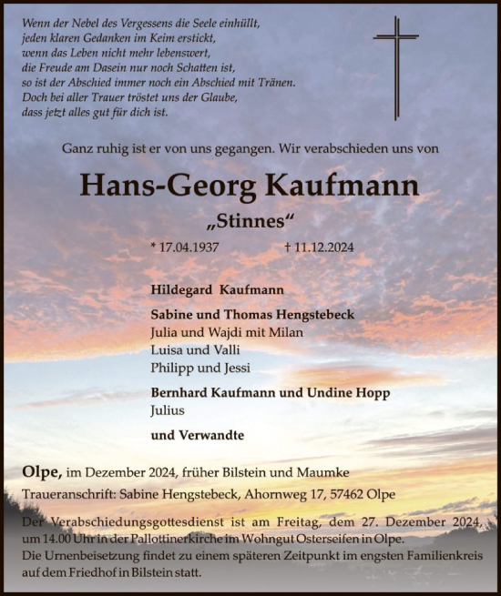 Traueranzeige von Hans-Georg Kaufmann von WA