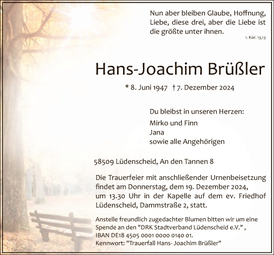 Traueranzeige von Hans-Joachim Brüßler von WA