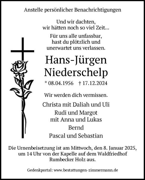 Traueranzeige von Hans-Jürgen Niederschelp von WA