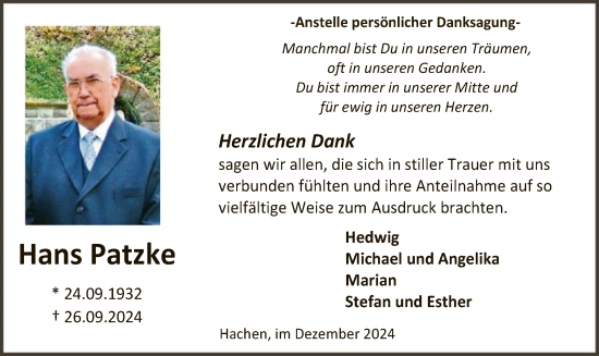 Traueranzeige von Hans Patzke von WA