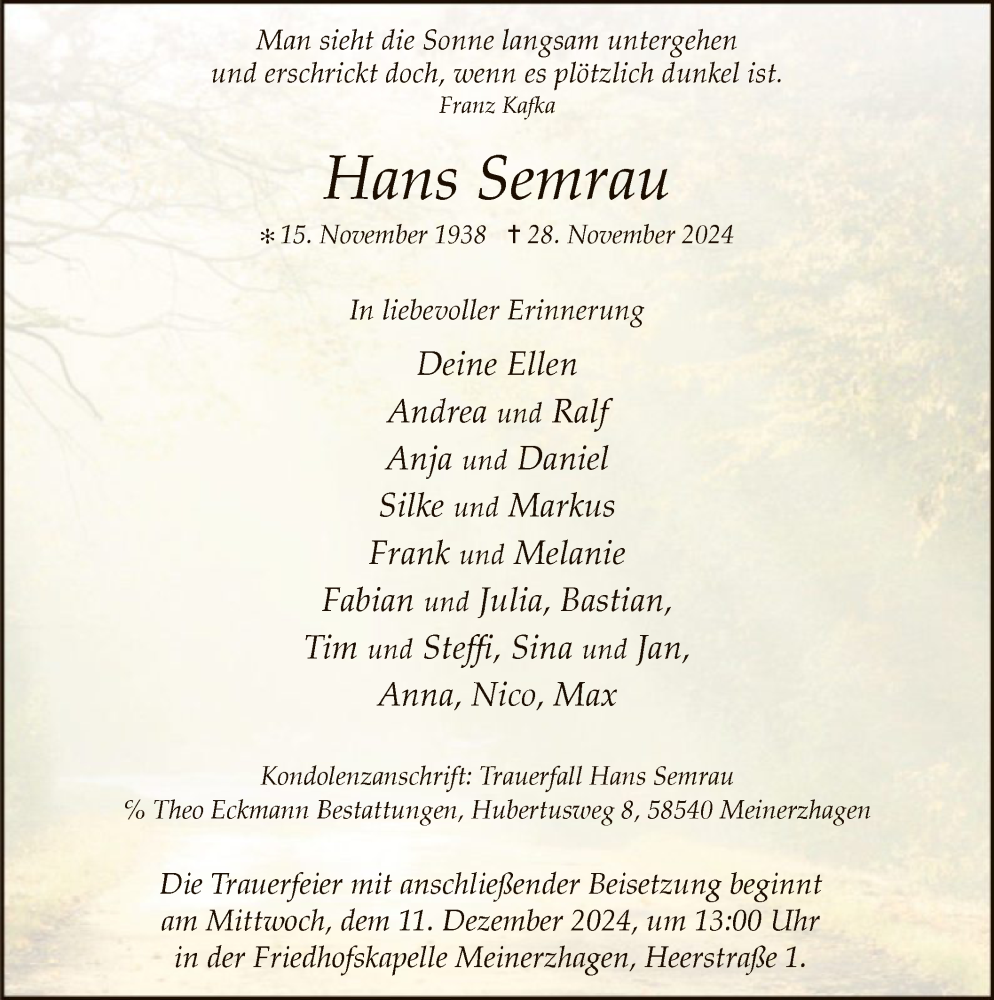  Traueranzeige für Hans Semrau vom 05.12.2024 aus WA