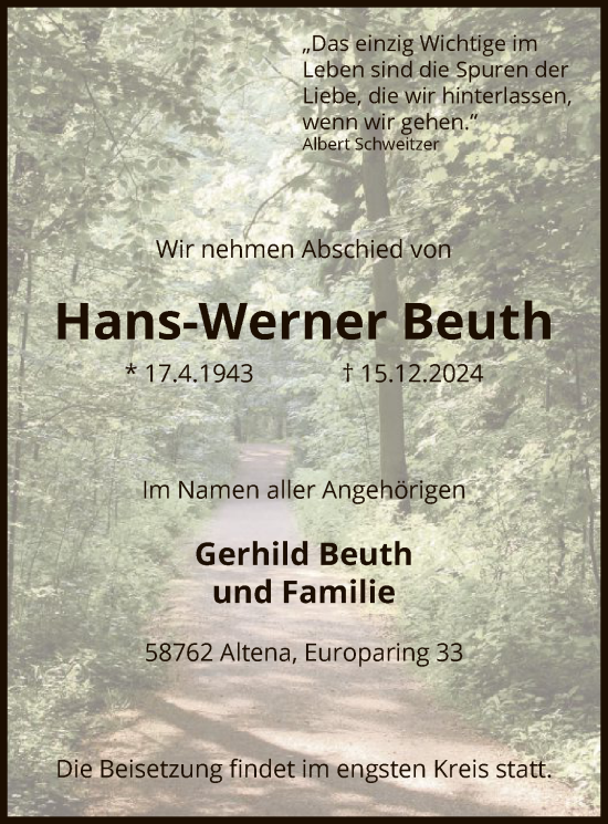 Traueranzeige von Hans-Werner Beuth von WA