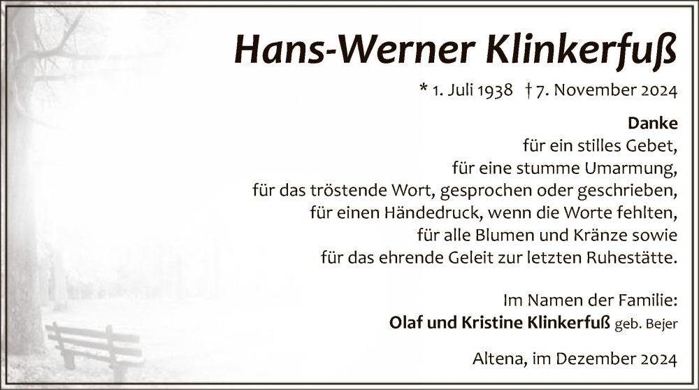  Traueranzeige für Hans-Werner Klinkerfuß vom 07.12.2024 aus WA
