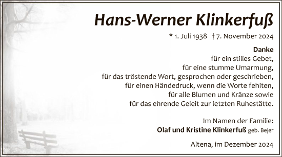 Traueranzeige von Hans-Werner Klinkerfuß von WA