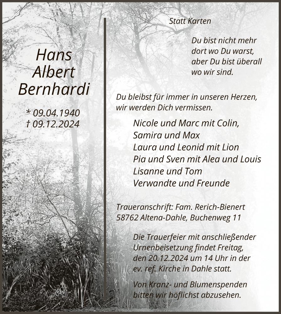  Traueranzeige für Hans Albert Bernhardi vom 17.12.2024 aus WA
