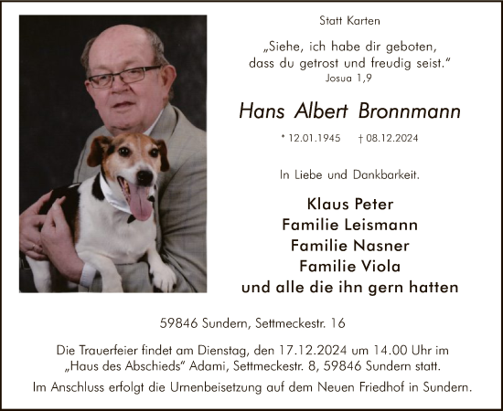 Traueranzeige von Hans Albert Bronnmann von WA