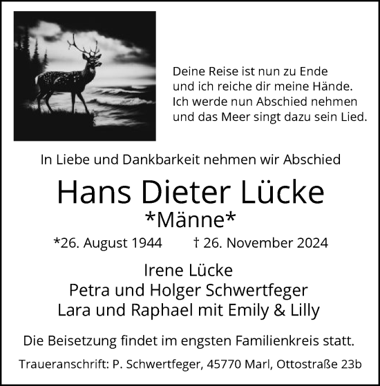 Traueranzeige von Hans Dieter Lücke von WA