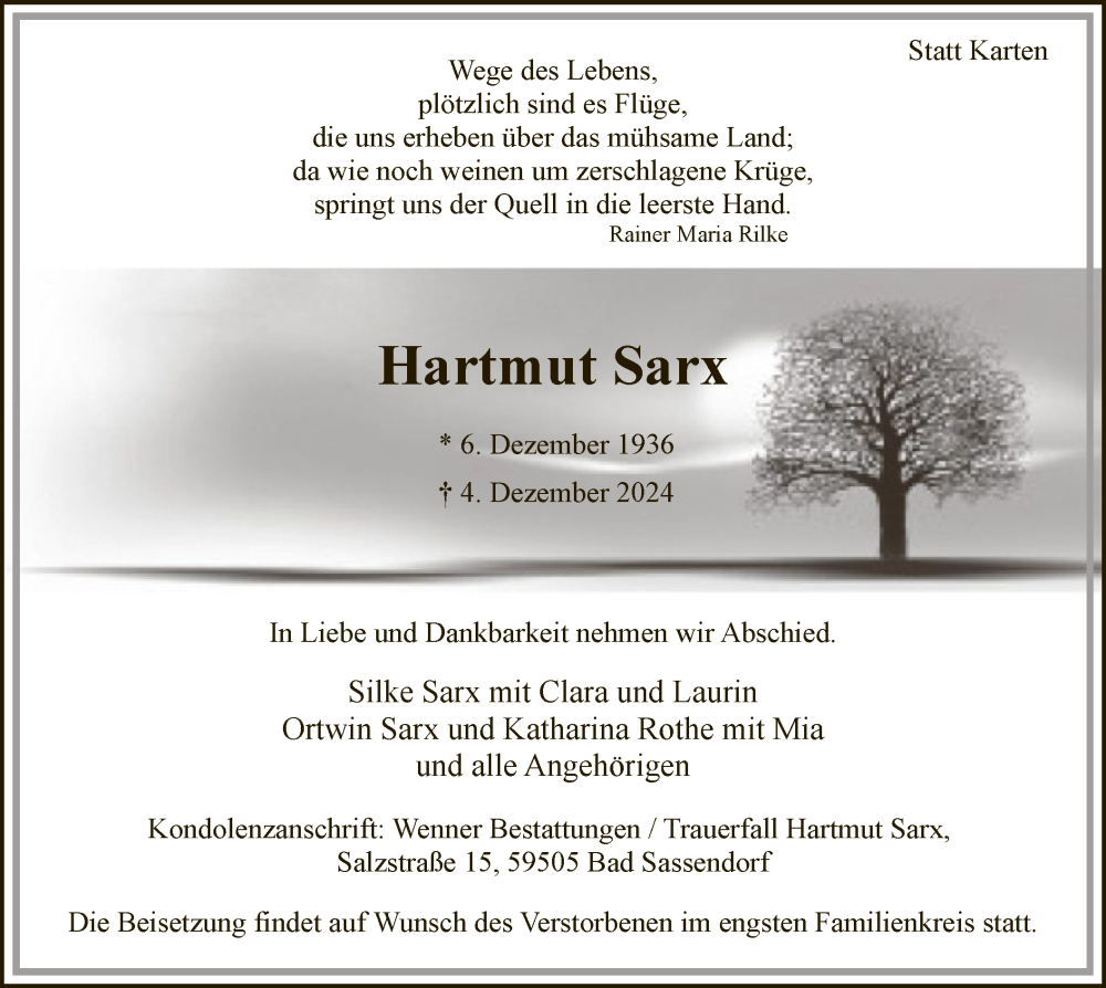  Traueranzeige für Hartmut Sarx vom 11.12.2024 aus WA