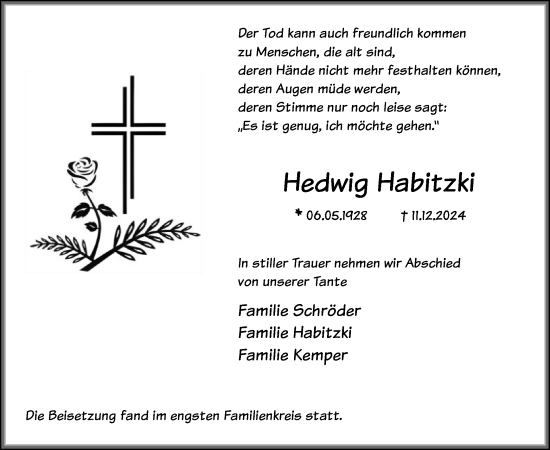 Traueranzeige von Hedwig Habitzki von WA