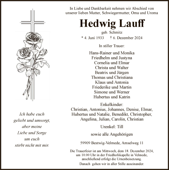 Traueranzeige von Hedwig Lauff von WA