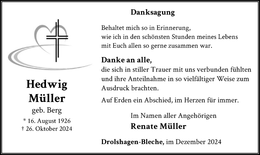  Traueranzeige für Hedwig Müller vom 07.12.2024 aus WA