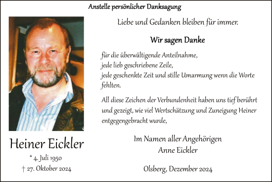 Traueranzeige von Heiner Eickler von WA
