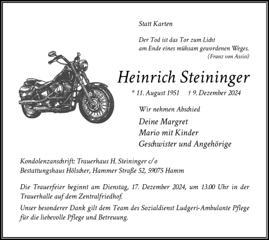 Traueranzeige von Heinrich Steininger von WA