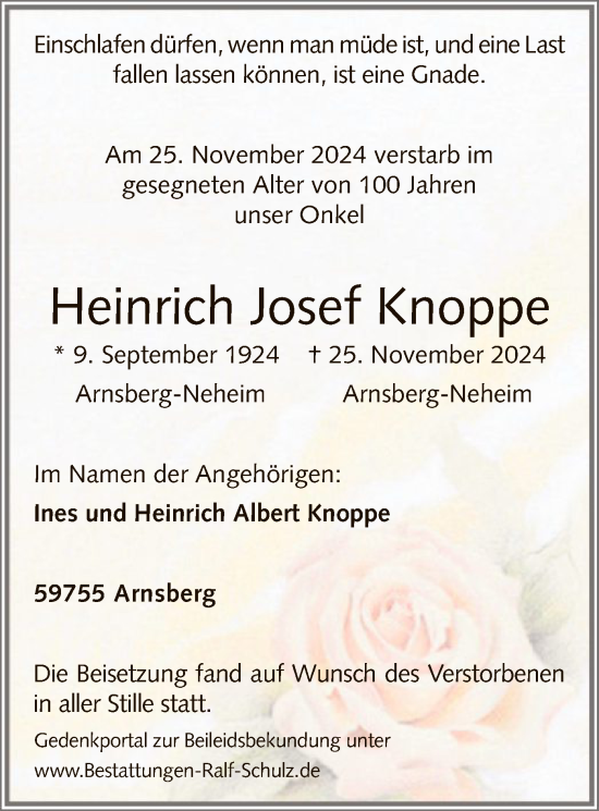 Traueranzeige von Heinrich Josef Knoppe von WA