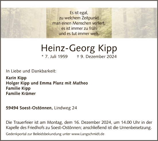 Traueranzeige von Heinz-Georg Kipp von WA