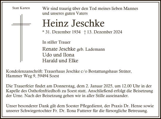 Traueranzeige von Heinz Jeschke von WA