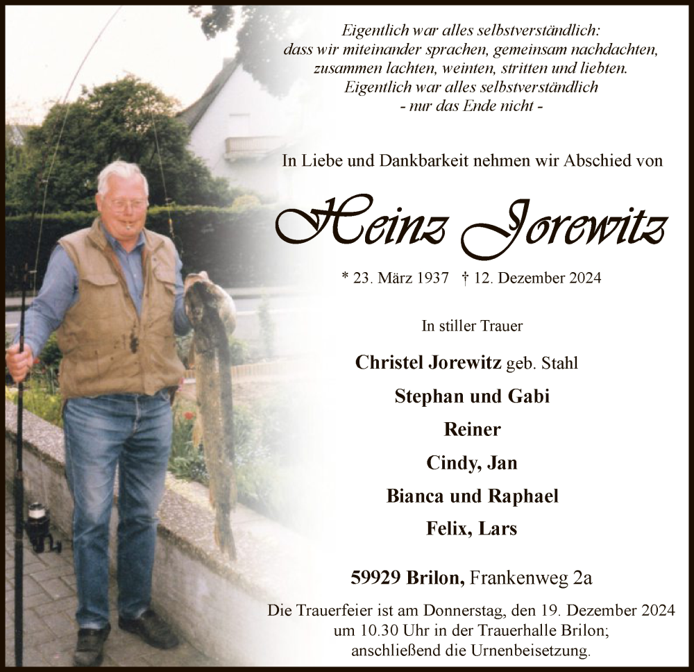  Traueranzeige für Heinz Jorewitz vom 14.12.2024 aus WA