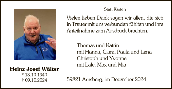 Traueranzeige von Heinz Josef Wälter von WA