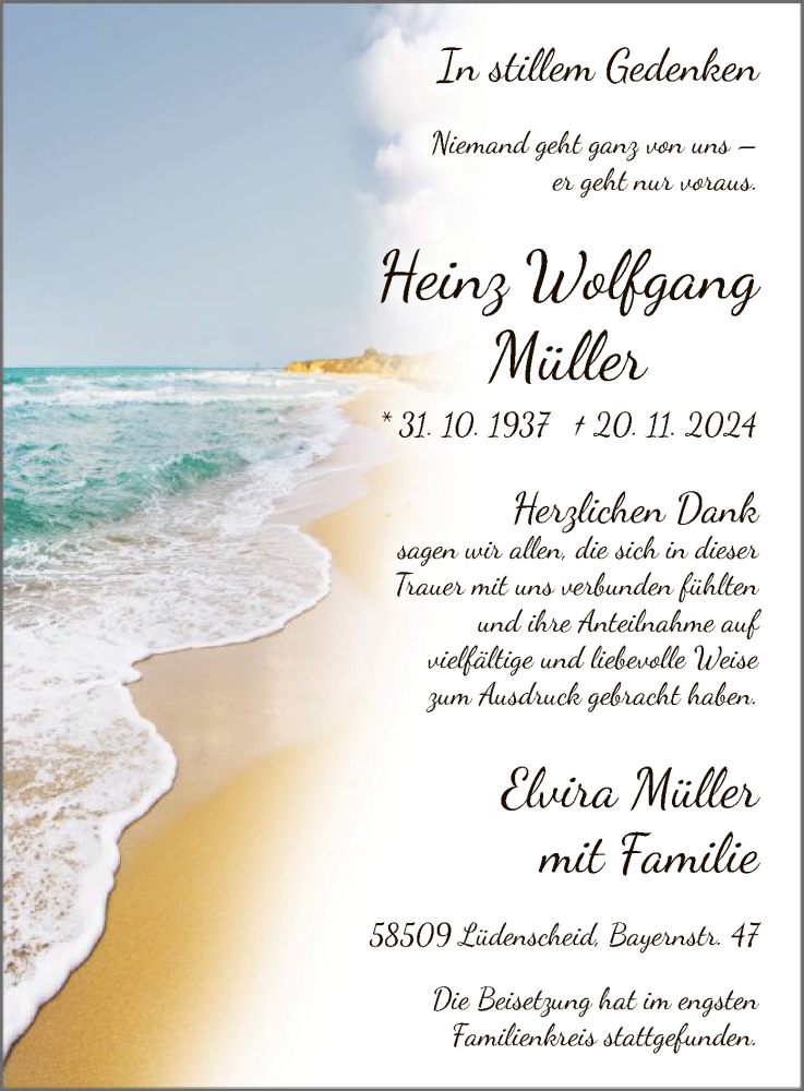  Traueranzeige für Heinz Wolfgang Müller vom 21.12.2024 aus WA