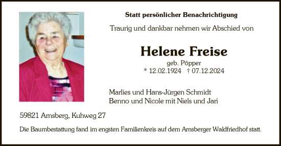 Traueranzeige von Helene Freise von WA