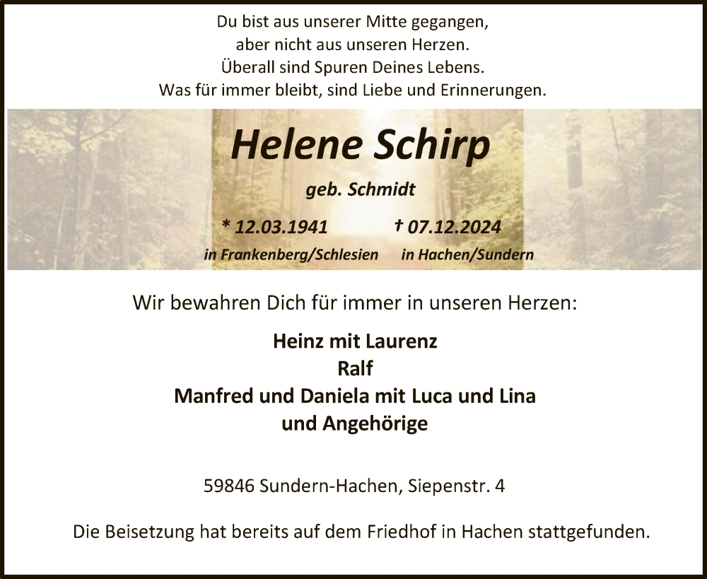  Traueranzeige für Helene Schirp vom 14.12.2024 aus WA