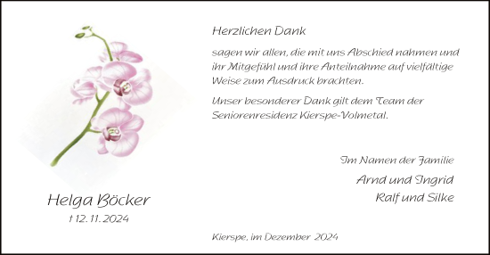 Traueranzeige von Helga Böcker von WA