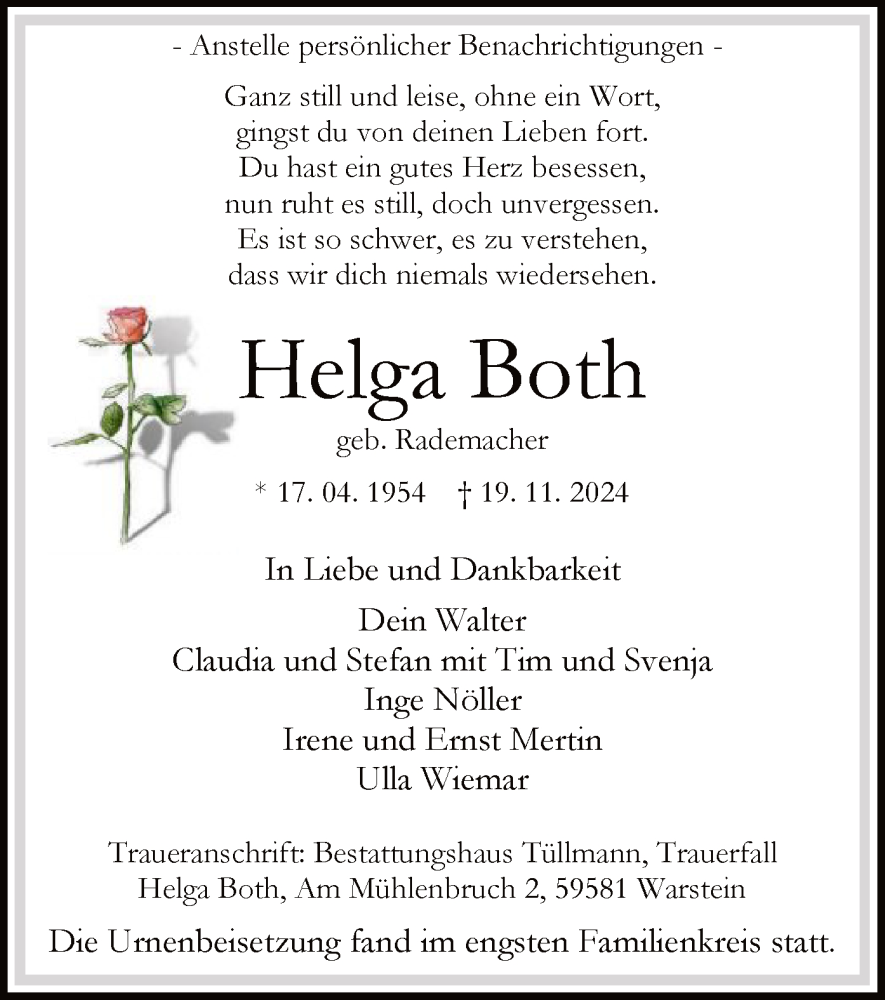  Traueranzeige für Helga Both vom 06.12.2024 aus WA
