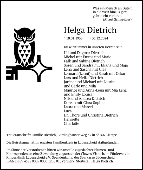 Traueranzeige von Helga Dietrich von WA