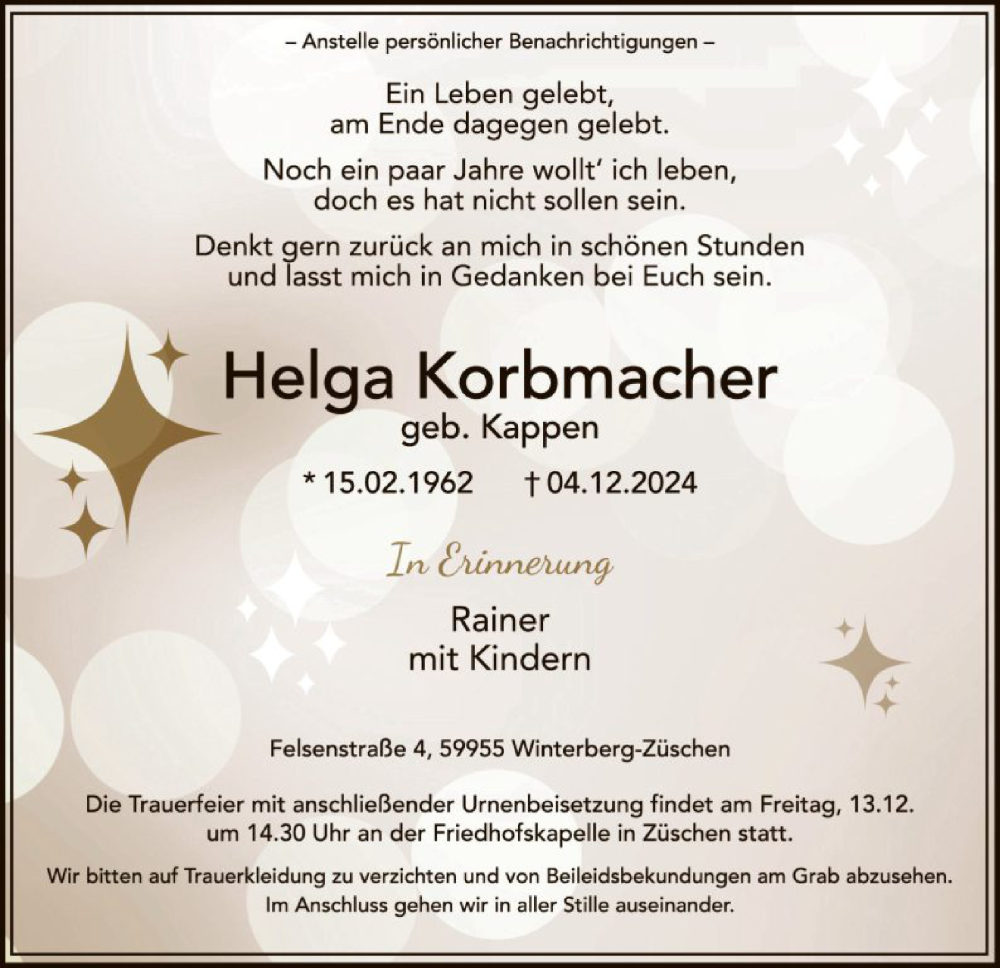  Traueranzeige für Helga Korbmacher vom 07.12.2024 aus WA