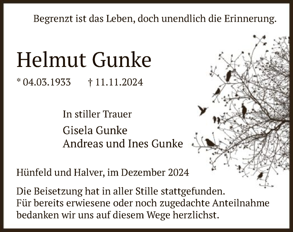  Traueranzeige für Helmut Gunke vom 14.12.2024 aus WA