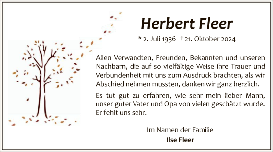 Traueranzeige von Herbert Fleer von WA