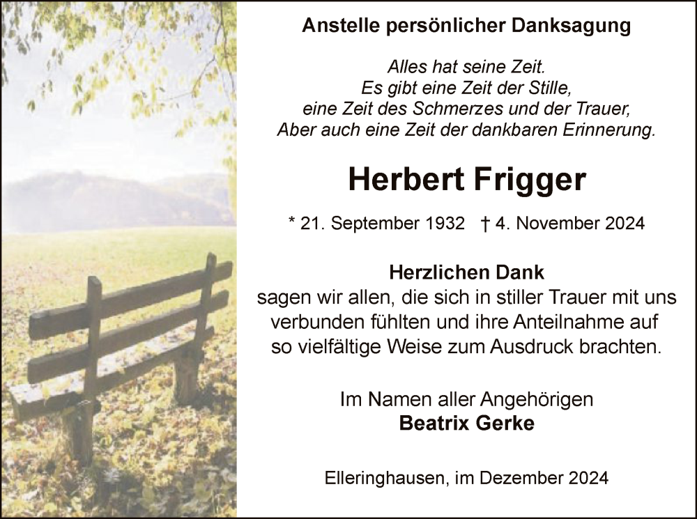  Traueranzeige für Herbert Frigger vom 14.12.2024 aus WA