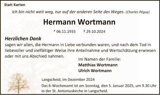 Traueranzeige von Hermann Wortmann von WA