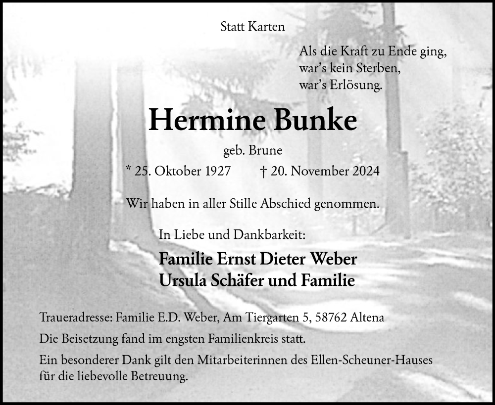  Traueranzeige für Hermine Bunke vom 14.12.2024 aus WA