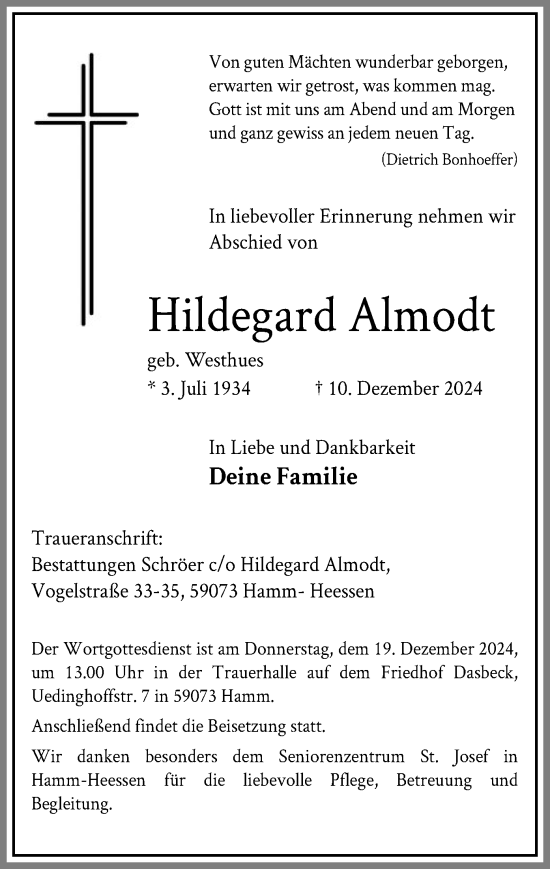 Traueranzeige von Hildegard Almodt von WA