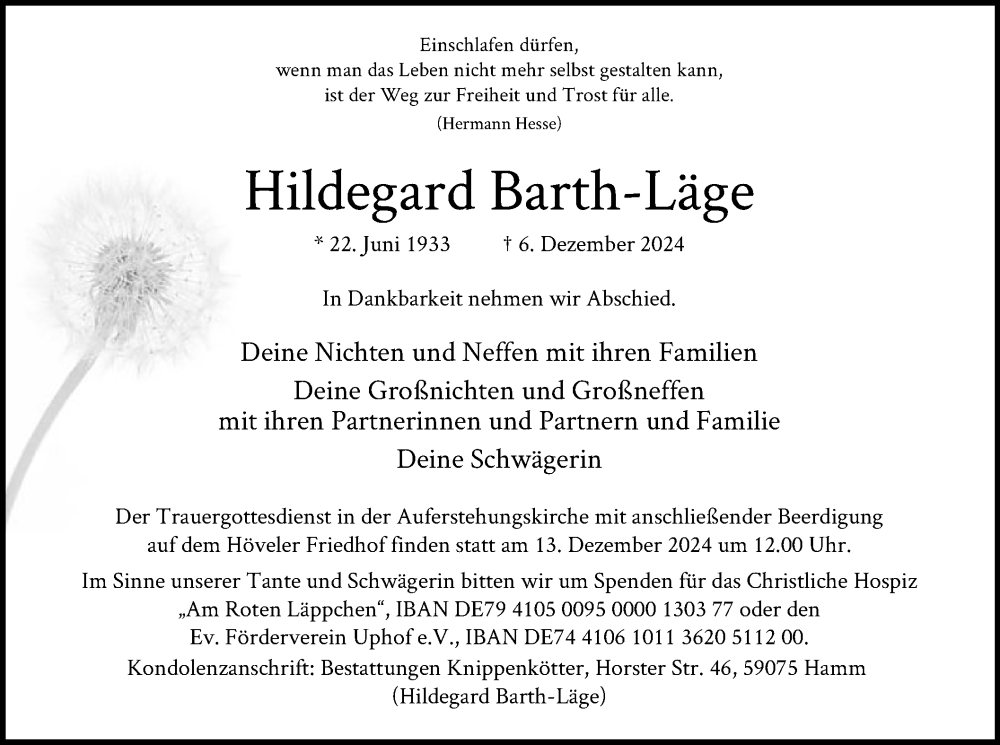  Traueranzeige für Hildegard Barth-Läge vom 11.12.2024 aus WA