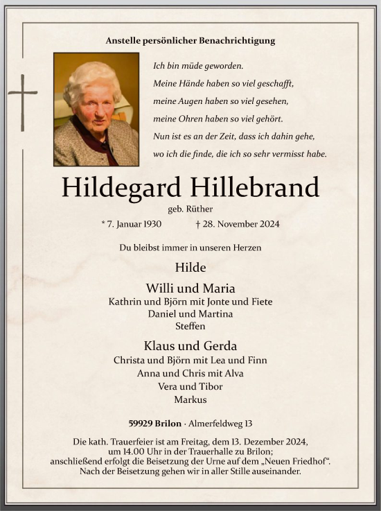 Traueranzeige von Hildegard Hillebrand von WA