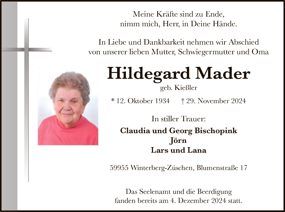  Traueranzeige für Hildegard Mader vom 07.12.2024 aus WA